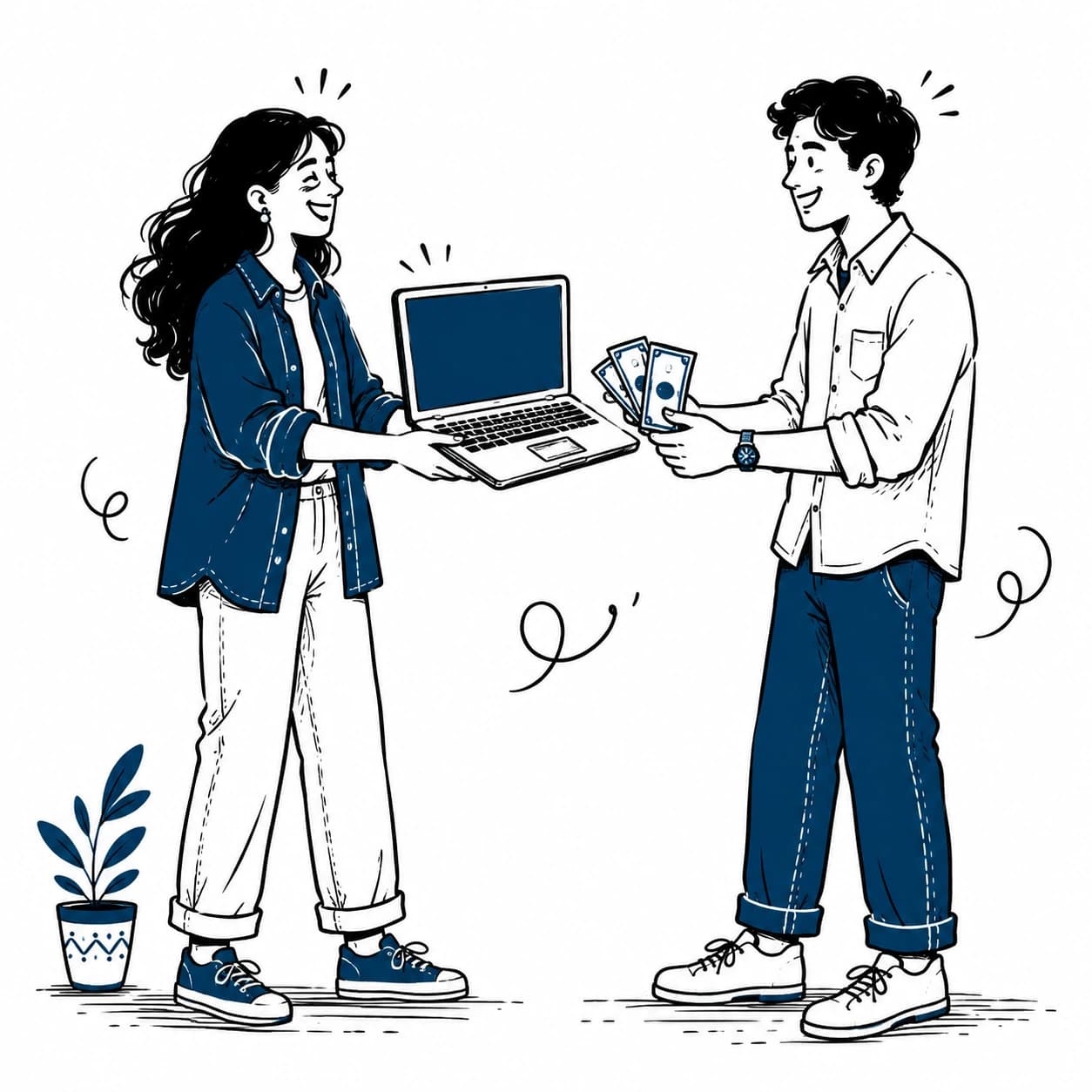 Two happy people exchanging a laptop and cash.